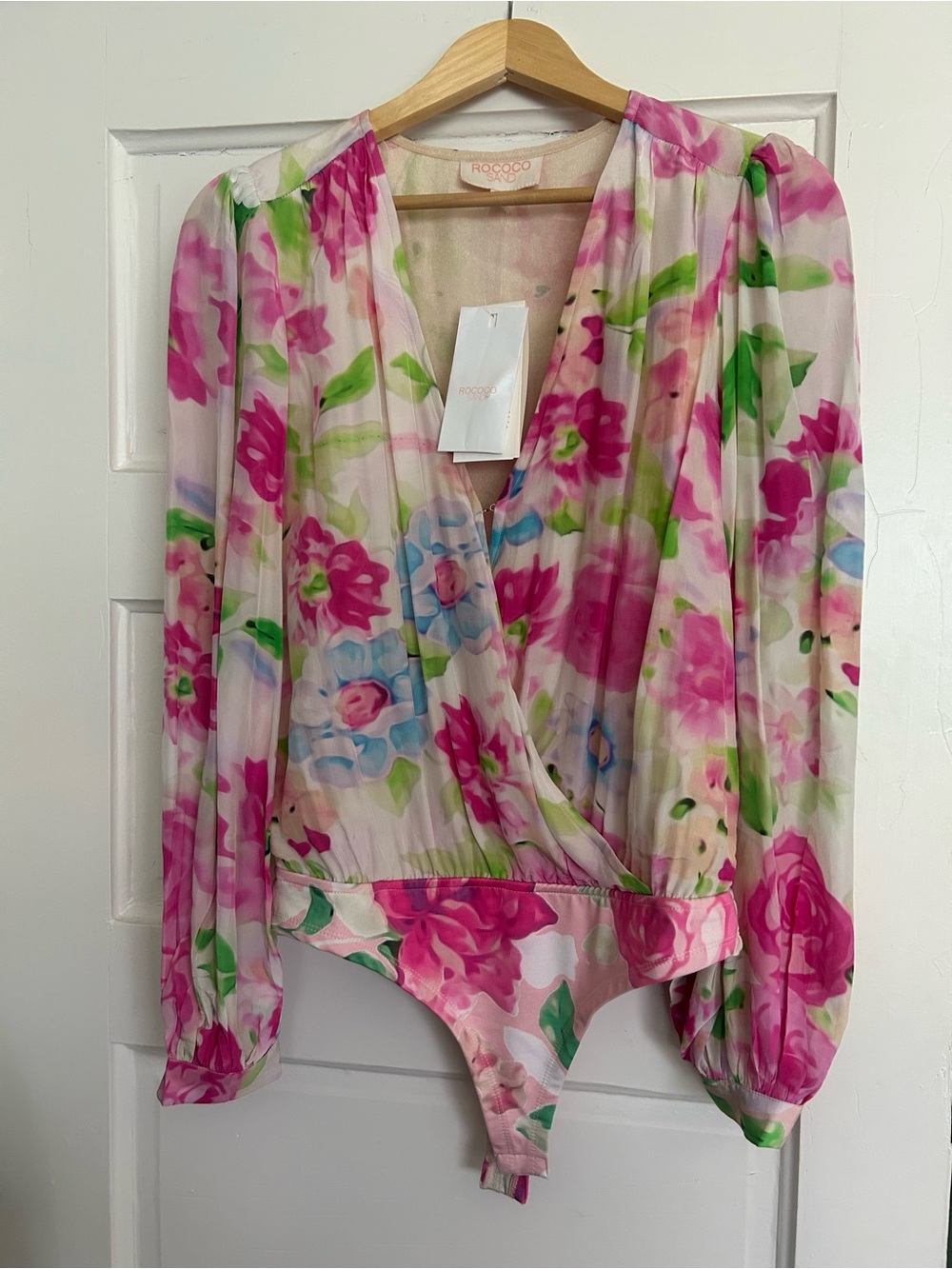 ROCOCO Sand Pink, Green & Blue Watercolor Floral Blouse.